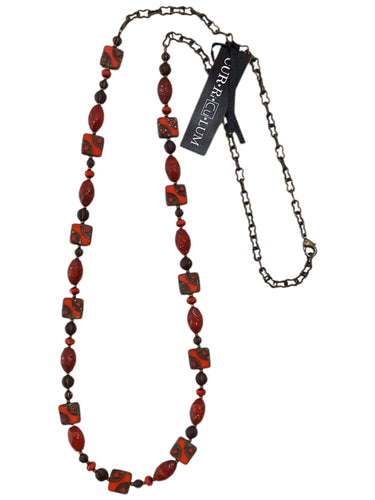 Orange Square and Red Etched Mixed Czech Glass Necklace - 31