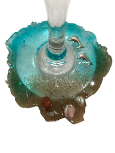 Beachy Wine Glass with Built-In Coaster - Aqua w/ Dolphins