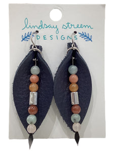 Navy Leather Petal Earrings with Pastel Stones