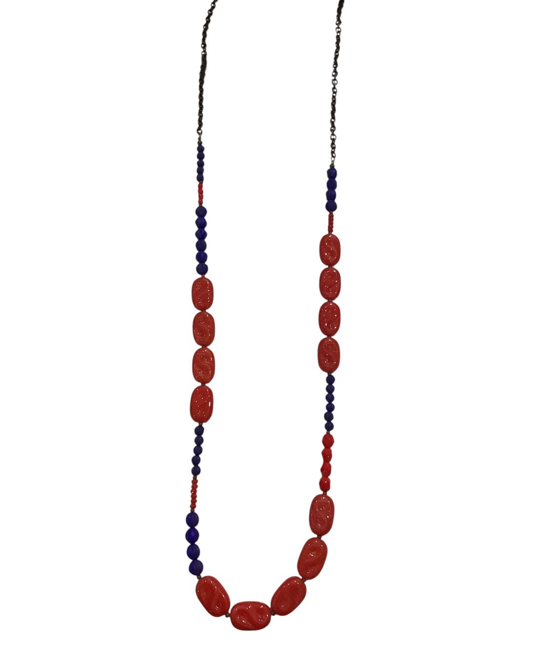 Bright Red S + Navy Blue Czech Glass Necklace