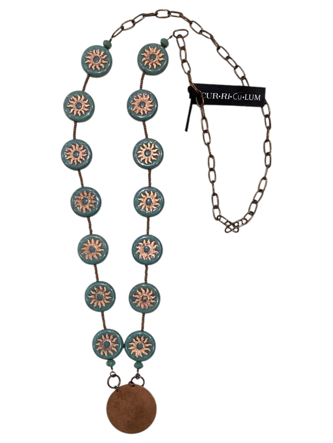 Teal with Bronze Sun Czech Glass Necklace with Copper Pendant - 36