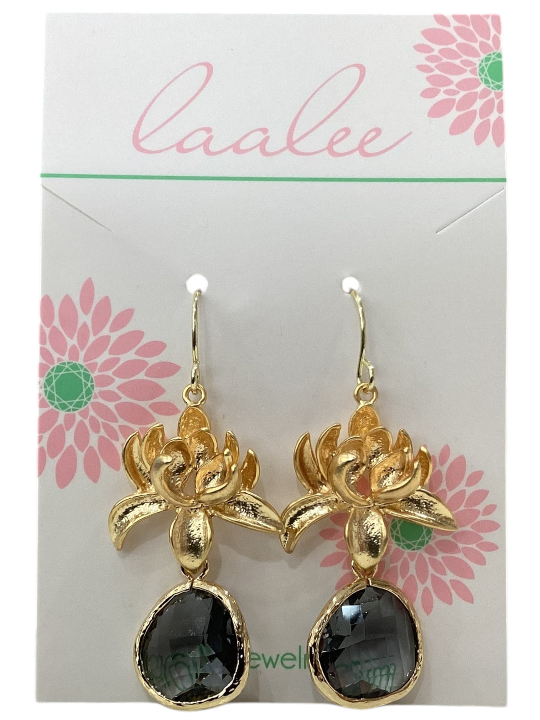 Charcoal Gray Earrings - Gold Blossoms