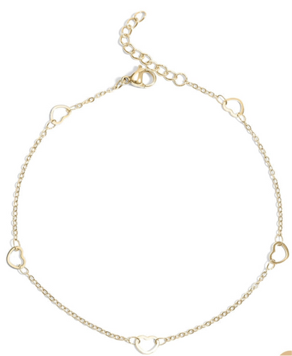 18K Gold PVD Stainless Station Hearts Chain Anklet - Gold