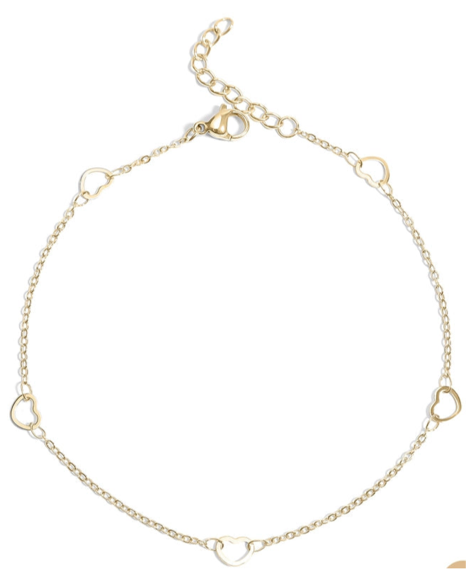 18K Gold PVD Stainless Station Hearts Chain Anklet - Gold