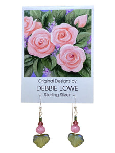 Leaves with Pink Crystals Earrings