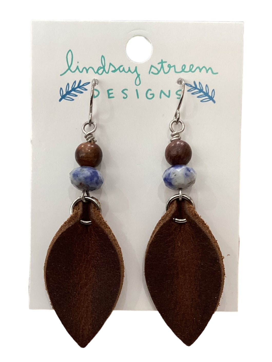 Brown Leather Petal Earrings with Blue Spot Jasper & Wood