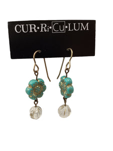 Teal Flower and Clear Bead Earrings