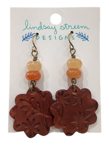 Leather Flower Earrings with Red Adventurine