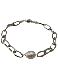 Silver Paperclip Bracelet with Pearl