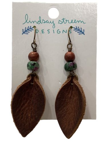 Brown Leather Petal Earrings with Wood & Ruby Zoisite