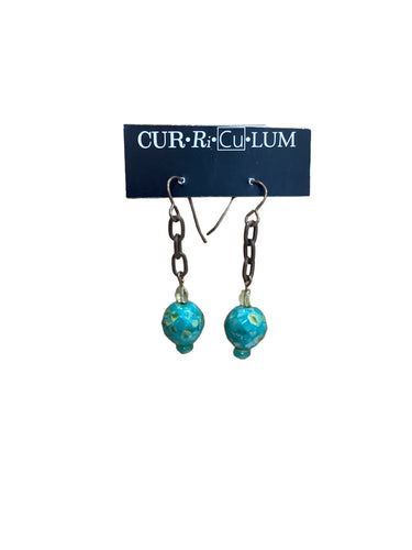 Teal Faceted Large Round Bead with Chain Earrings