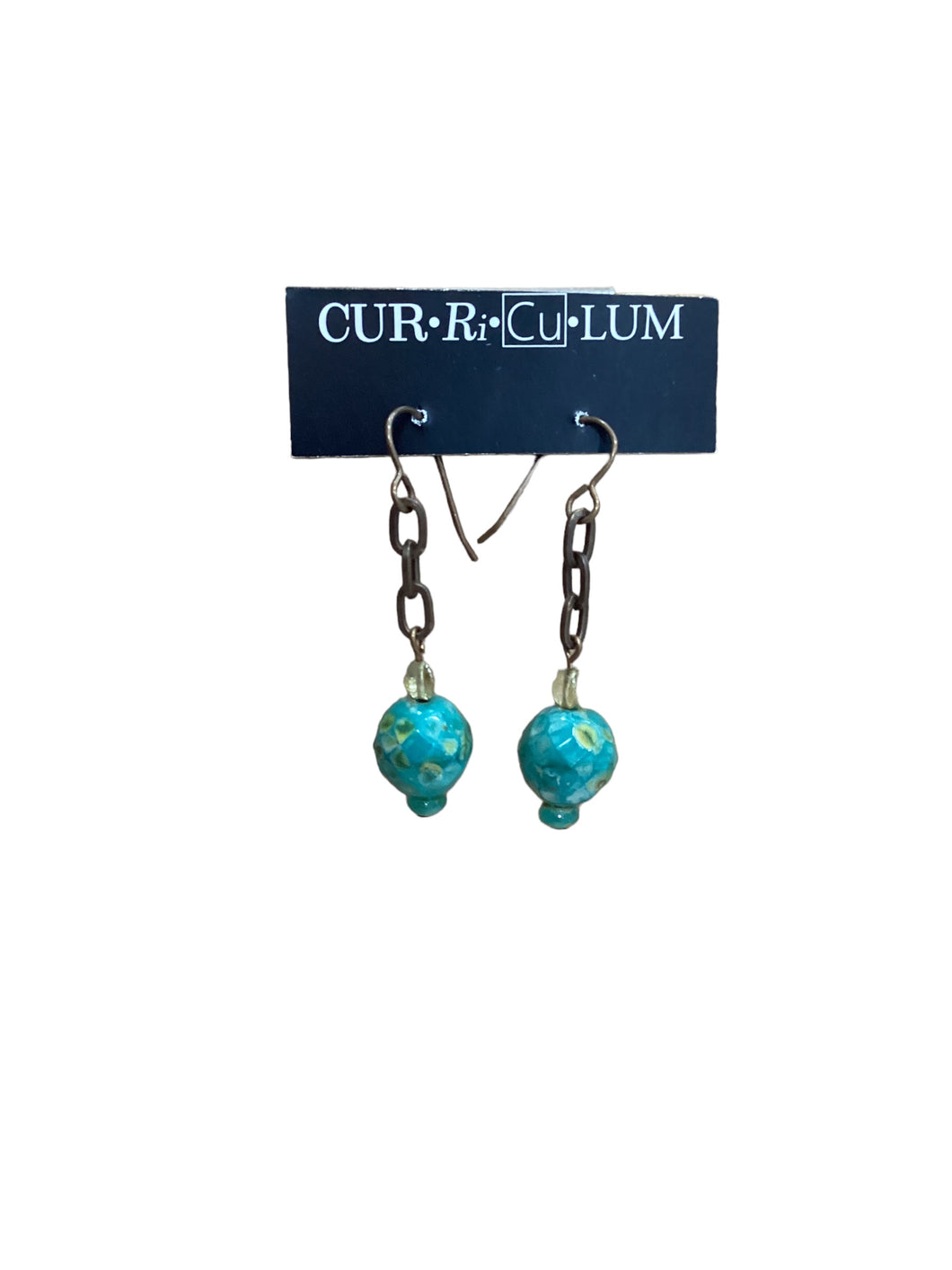 Teal Faceted Large Round Bead with Chain Earrings