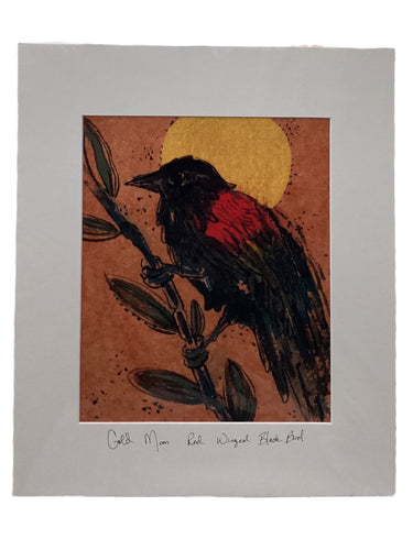 Gold Moon Red Winged Black Bird - Print - 16