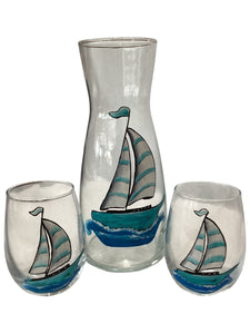 Carafe with 2 Small Glasses - 3pc Set - Sail Boat