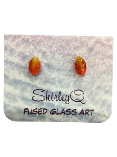 Fused Glass Post Earrings - Orange Leaf