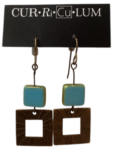 Sky Blue Czech Glass with Brass Square Earrings