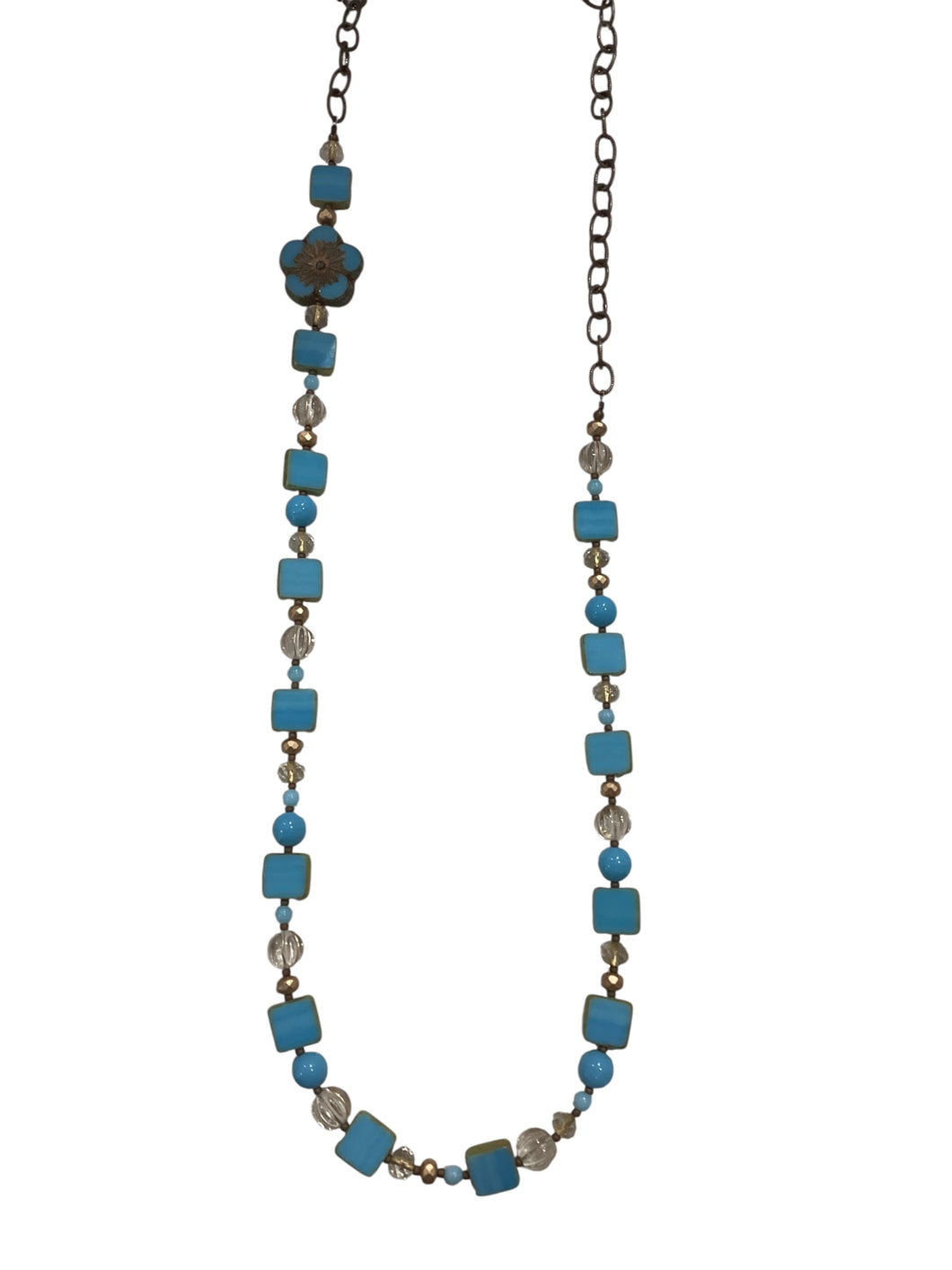 Sky Blue Square + Gold Czech Glass Necklace