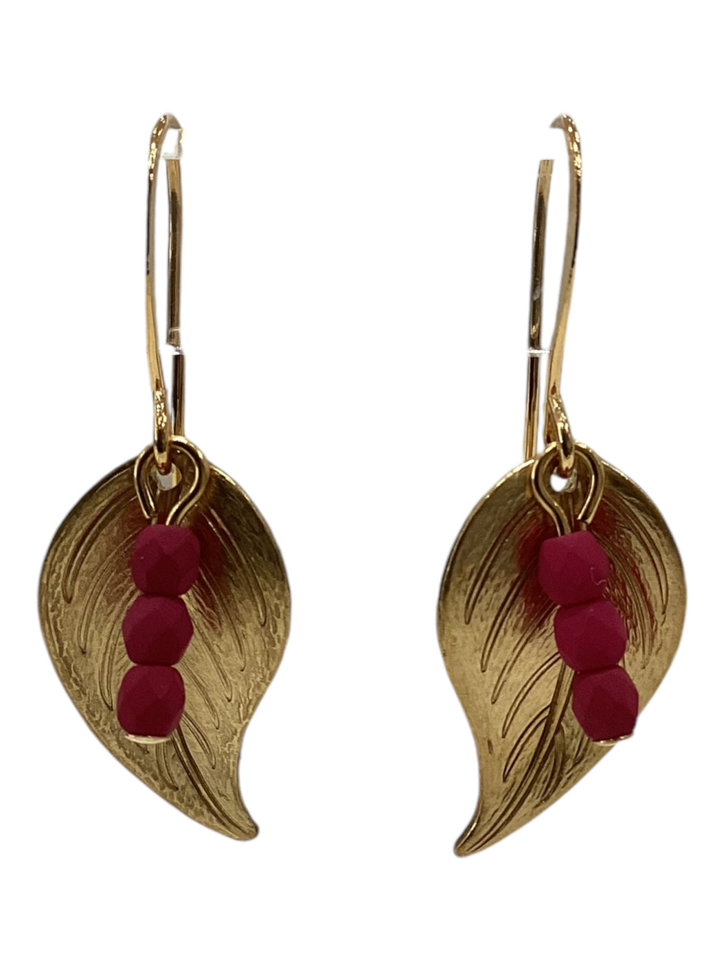 Small Leaf Earrings with Colorful Beads - Magenta