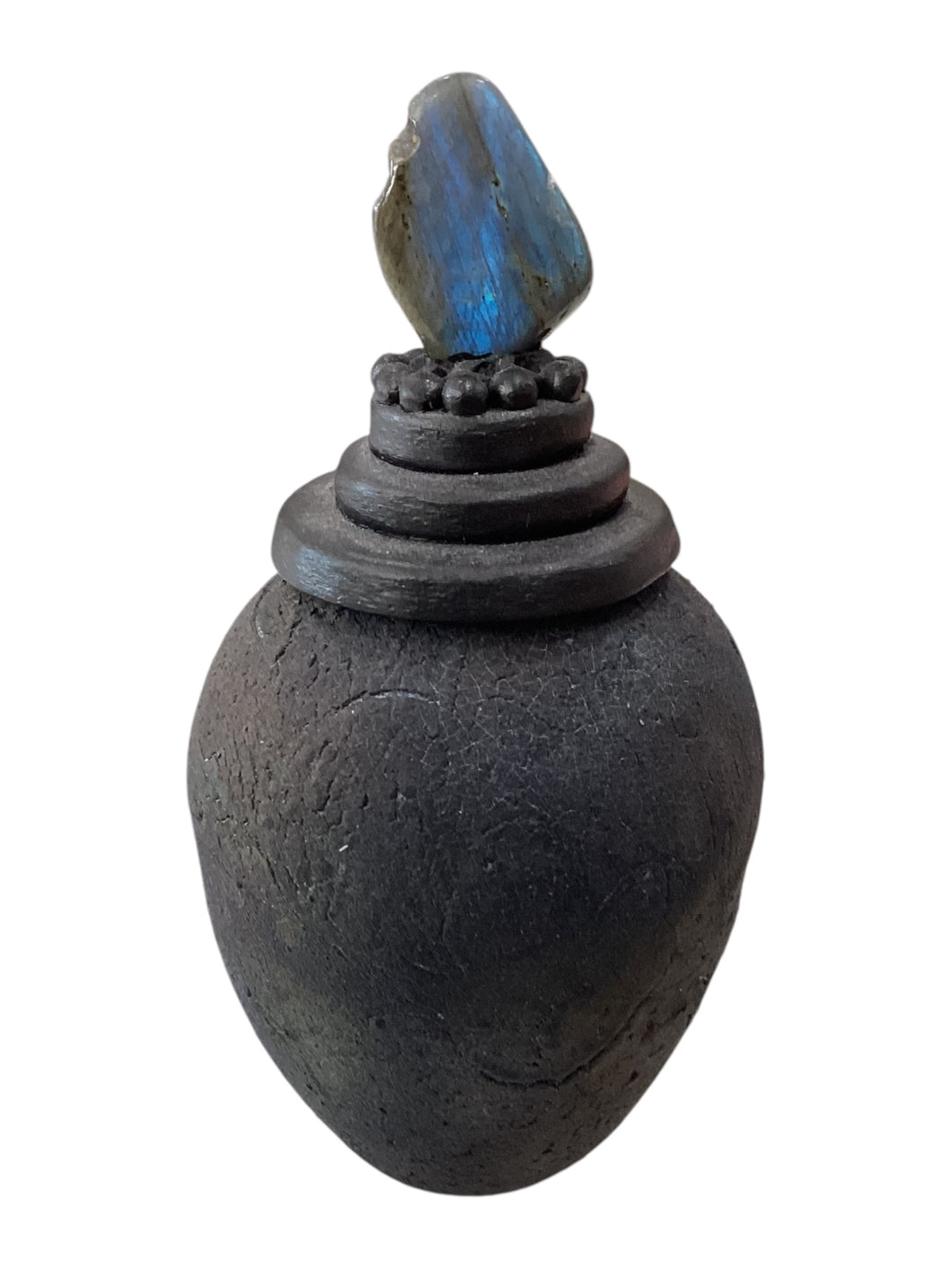 Raku Fired Lidded Vessel with Labradorite