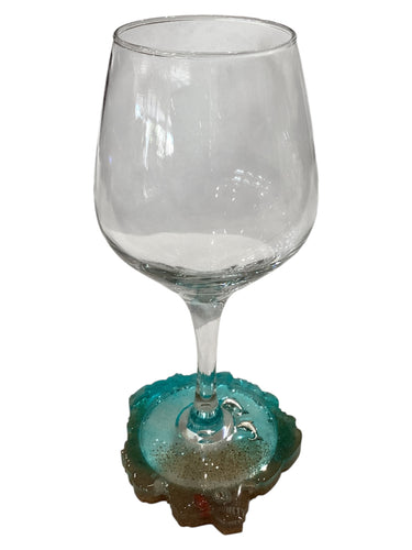 Beachy Wine Glass with Built-In Coaster - Aqua w/ Dolphins
