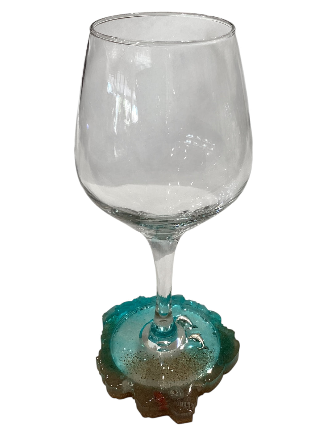 Beachy Wine Glass with Built-In Coaster - Aqua w/ Dolphins