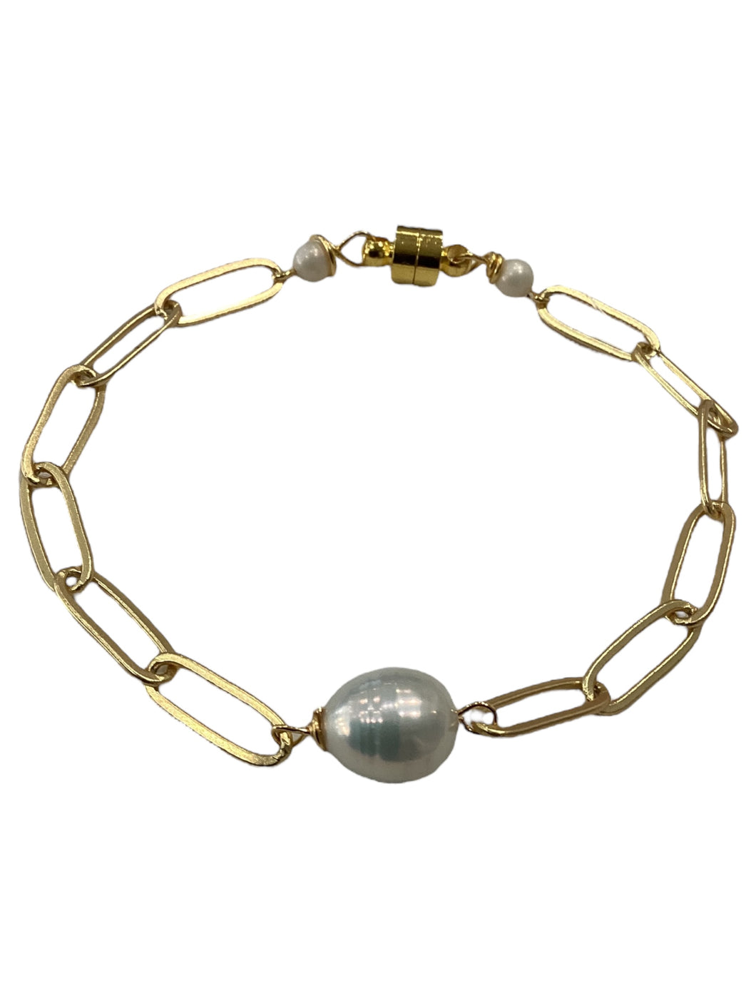 Gold Paperclip Bracelet with Pearl