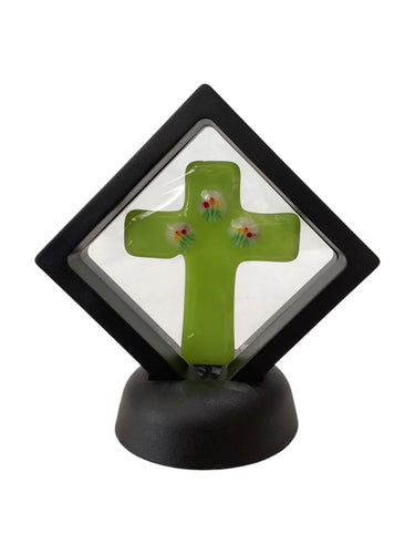 Framed Cross - Green with Red Flowers
