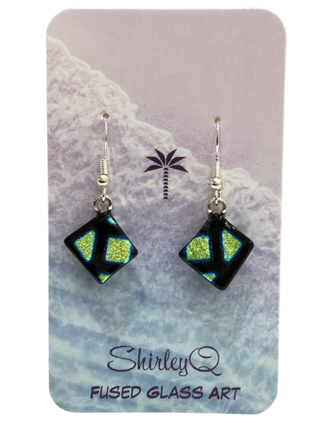 Small Dichro Dangle Earrings - Black & Silver/Green