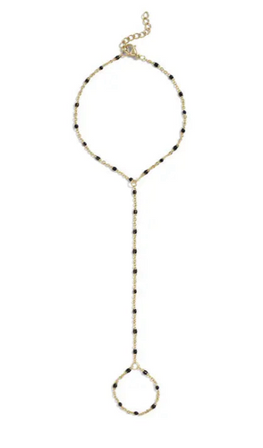 18K Gold PVD Stainless Steel Black Beaded Hand Chain - Gold