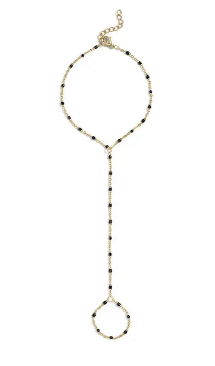 18K Gold PVD Stainless Steel Black Beaded Hand Chain - Gold