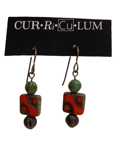 Orange Funky Square with Green Czech Glass Earrings