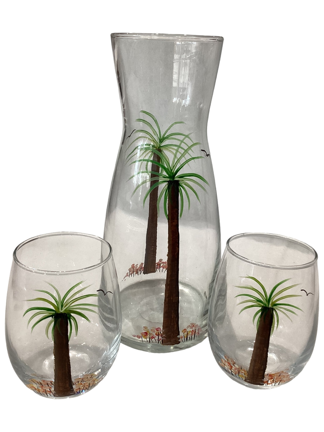 Carafe with 2 Small Glasses - 3pc Set - Palm Tree