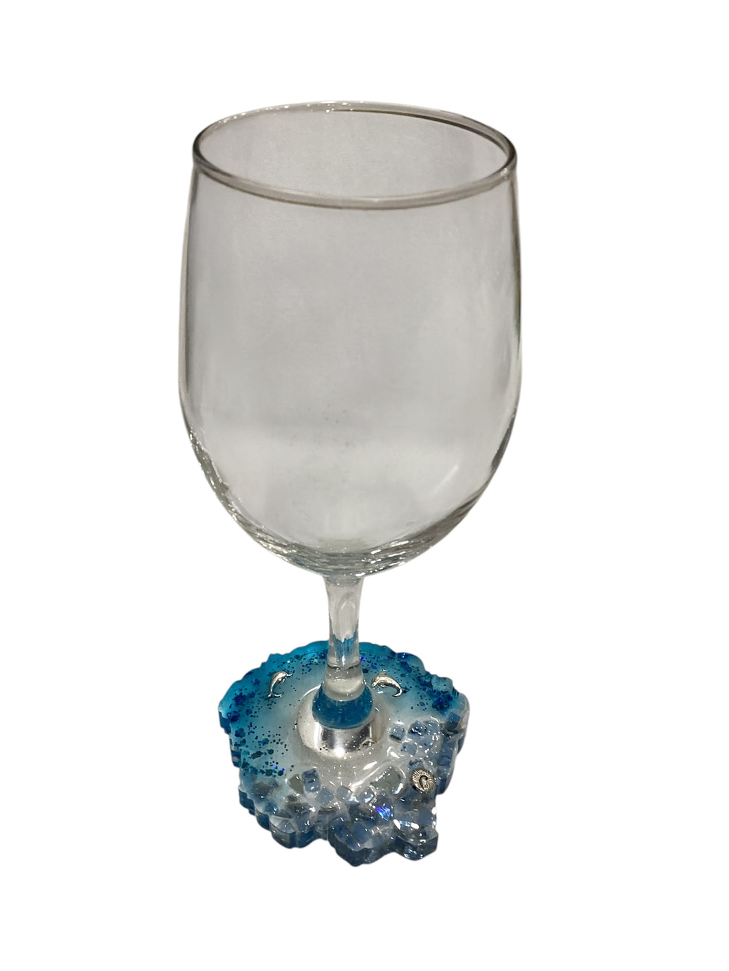 Beachy Wine Glass with Built-In Coaster - Blue w/ Seaglass + Dolphins