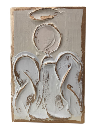 Angel Hand Painted Textured Wood Block - Ivory