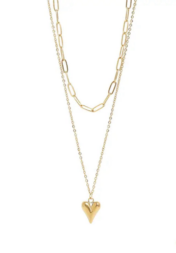 18K Gold PVD Stainless Steel Loop and Paperclip Layered Chain Heart Charm Necklace - Gold