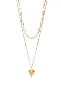 18K Gold PVD Stainless Steel Loop and Paperclip Layered Chain Heart Charm Necklace - Gold