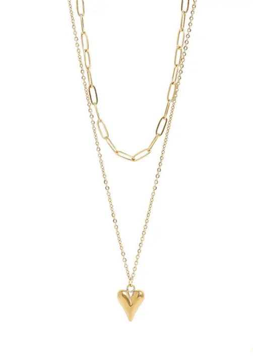 18K Gold PVD Stainless Steel Loop and Paperclip Layered Chain Heart Charm Necklace - Gold