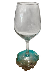 Beachy Wine Glass with Built-In Coaster - Aqua w/ Turtle & Starfish