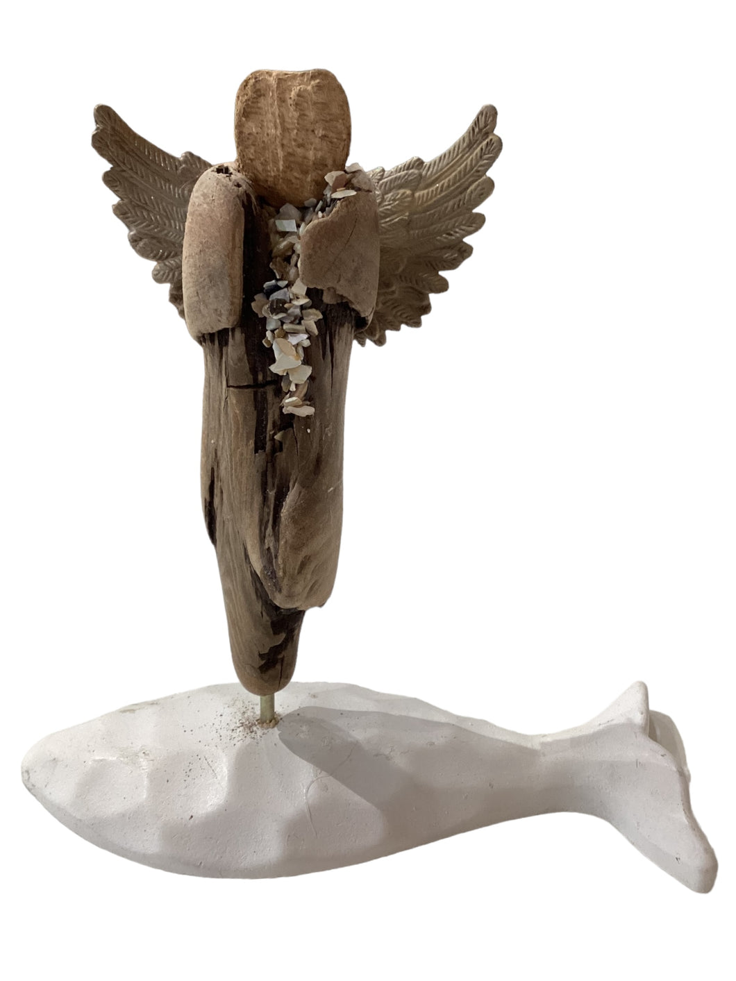 Driftwood Angel Sculpture on White Fish Stand