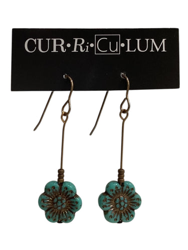 Teal Wild Rose Czech Glass Earrings on Stem