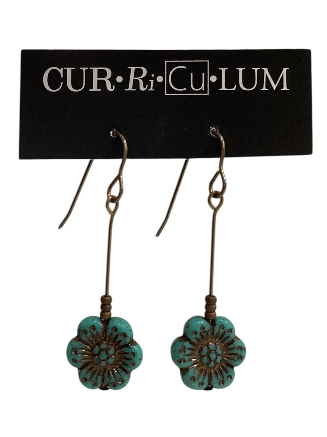 Teal Wild Rose Czech Glass Earrings on Stem