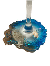 White Wine Glass with Built-In Coaster - Blue with Turtles, Starfish