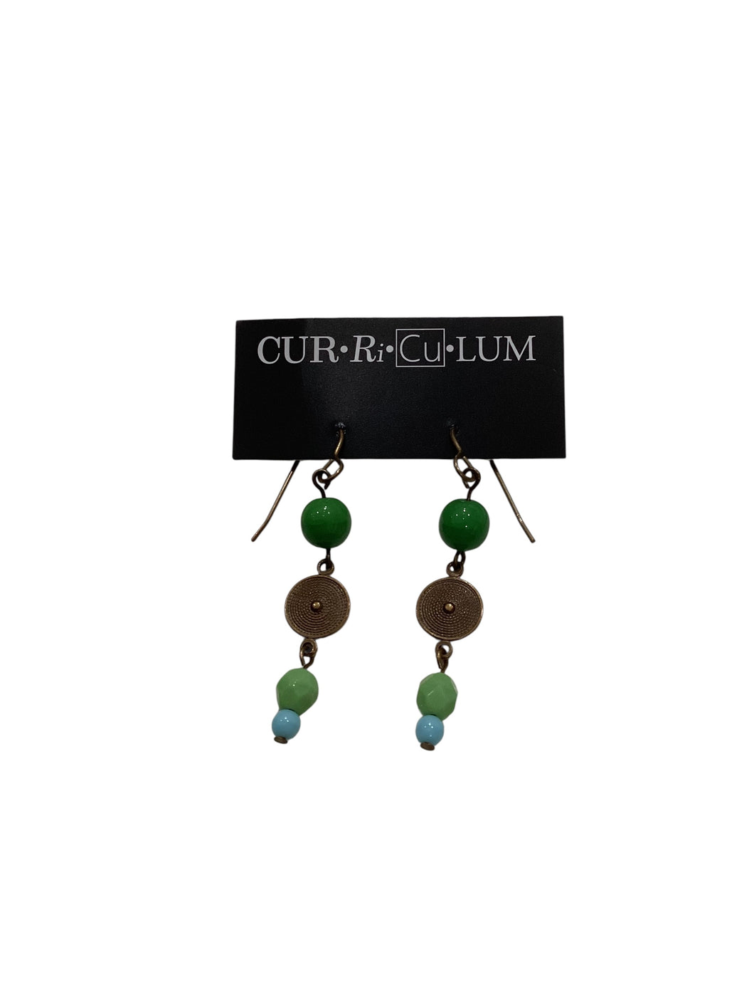 Kelly Green + Blue Czech Glass & Brass Shield Earrings