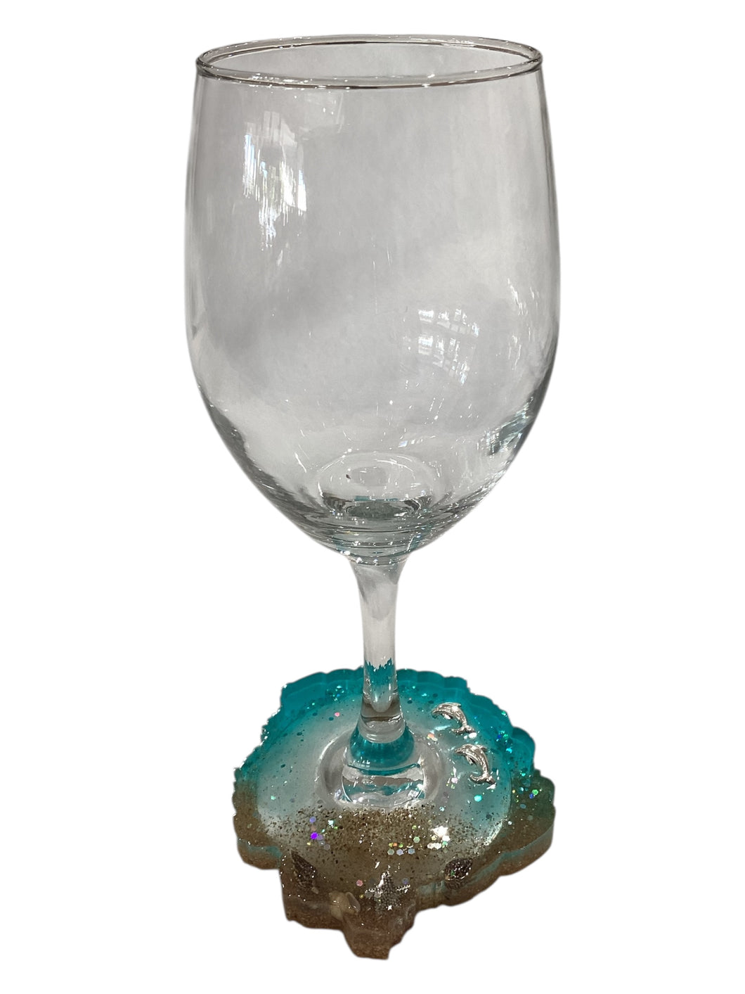 Beachy Wine Glass with Built-In Coaster - Aqua w/ Dolphins/Seashells