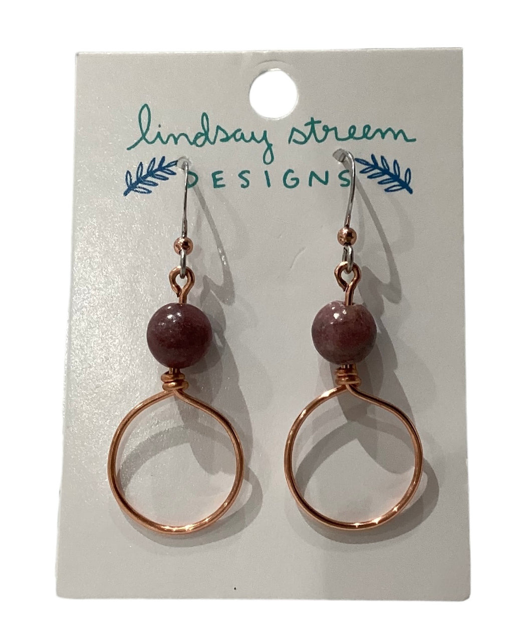 Small Copper Hoops Earrings with Rhondonite