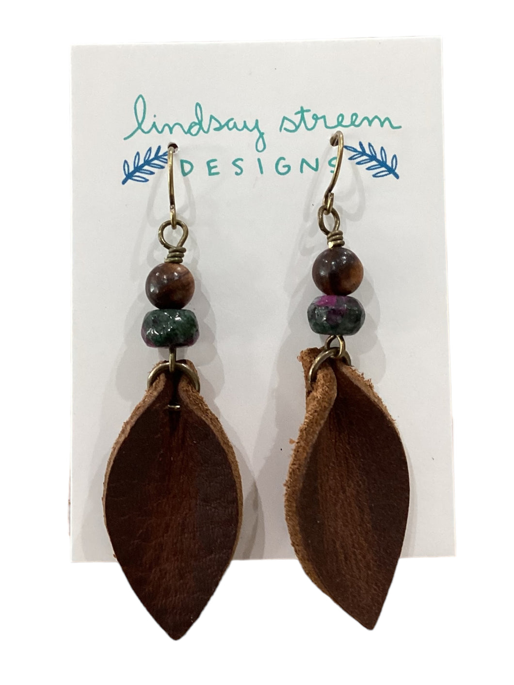 Brown Leather Petal Earrings with Wood & Ruby Zoisite