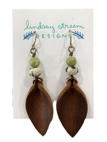 Brown Leather Petal Earrings with Jasper