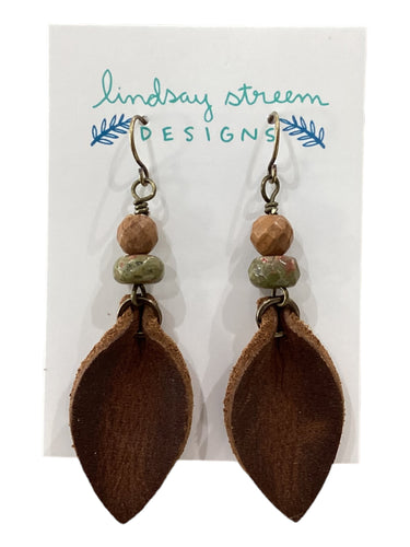 Brown Leather Petal Earrings with Jasper & Unakite