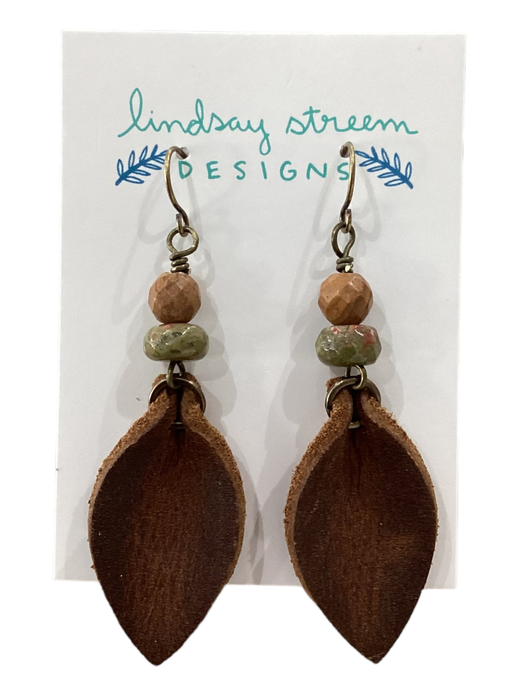 Brown Leather Petal Earrings with Jasper & Unakite