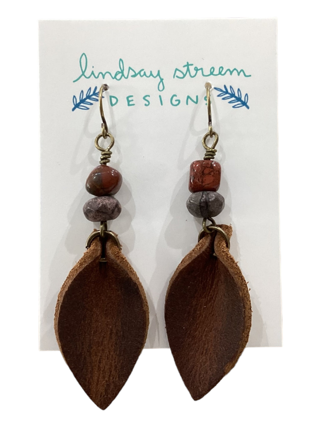 Brown Leather Petal Earrings with Jasper